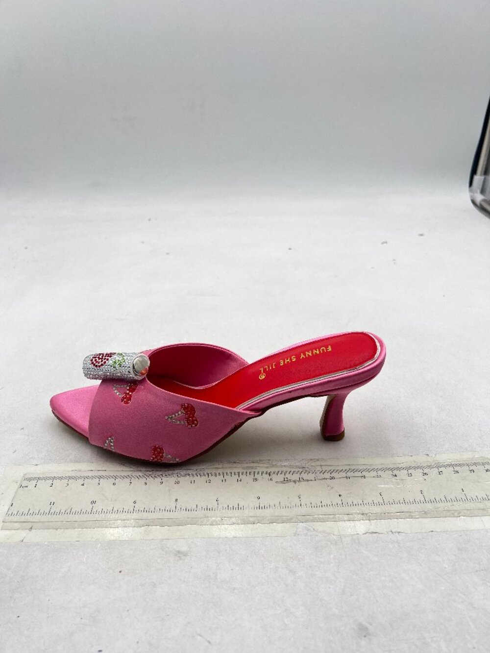 FSJ Fuchsia Rhinestone Mid Heel Mules Peep Toe Sandals Slip On Bridal Shoes